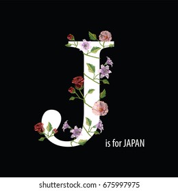 Embroidery stitches with hibiscus, rose and lily and text J is for japan. Vector fashion ornament on black background for floral decoration. Pattern for textile.