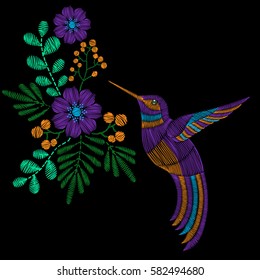 Embroidery stitches with hummingbird, wild flowers. Vector fashion ornament in pastel color for textile, fabric traditional folk decoration