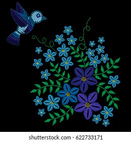 Embroidery stitches imitation with blue bird and flower with green leaf. Vector embroidery floral folk pattern with bird on the black background.