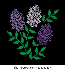 Embroidery stitches imitation branch of lilac with green leaf. Vector embroidery floral folk pattern with flower on the black background.