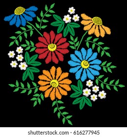 Embroidery stitches imitation with colorful flower with green leaf. Vector embroidery floral folk pattern on the black background for printing on fabric and other decoration.