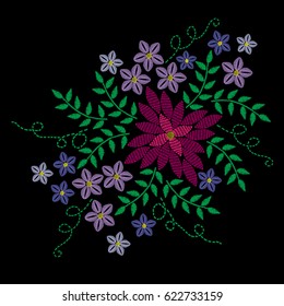 Embroidery stitches imitation with colorful flower and green leaf. Vector embroidery floral folk pattern on the black background for printing on fabric.