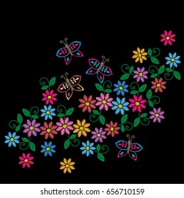 Embroidery stitches imitation colorful pattern with folk flower. Fashion embroidery on black background. Embroidery flower vector.