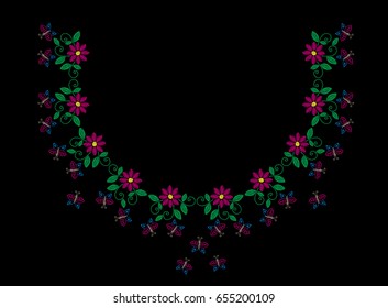 Embroidery stitches imitation fashion frame with folk flower, butterfly and leaf. Floral wreath on black background. Embroidery flower vector.