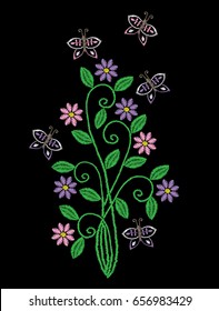 Embroidery stitches imitation floral pattern with folk flower and butterfly. Fashion embroidery on black background. Embroidery flower vector.