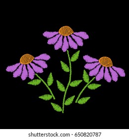 Embroidery stitches imitation flower with green leaf. Floral embroidery pattern on the black background. Vector embroidery template for printing on fabric, napkin and other decoration.
