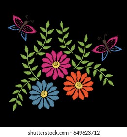 Embroidery stitches imitation folk flower with butterfly and green leaf. Floral embroidery pattern on the black background. Vector embroidery template for printing on fabric, napkin and other design.