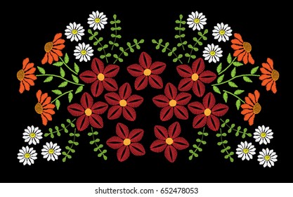 Embroidery stitches imitation pattern with flower. Fashion embroidery on black background. Embroidery style flower vector.