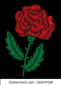 Embroidery stitches imitation red roses. Fashion embroidery rose flower on black background. Embroidery big roses vector.