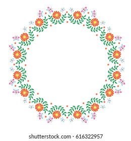 Embroidery stitches imitation round frame with orange flower and butterfly. Vector folk embroidery pattern on the white background for printing on fabric, napkin and other decoration.