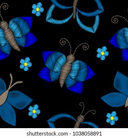 Embroidery stitches imitation seamless pattern with butterfly on the black background. Stickers embroidery for textile design.