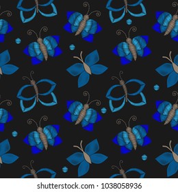Embroidery stitches imitation seamless pattern with butterfly on the black background. Stickers embroidery for textile design.