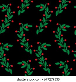 Embroidery stitches imitation seamless pattern with green leaf and red berry. Vector embroidery folk fashion ornament on black background.