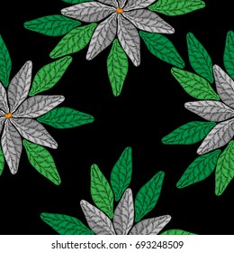 Embroidery stitches imitation seamless pattern with flower. Fashion embroidery flower on black background. Vector seamless floral print.