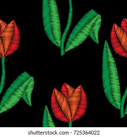 Embroidery stitches imitation seamless pattern with tulip. Vector embroidery traditional folk tulip flower on black background. Embroidery flower.