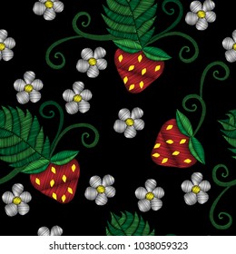 Embroidery stitches imitation strawberry with flower ornament. Pattern for embroidery with strawberry on black background. Embroidery fruit.