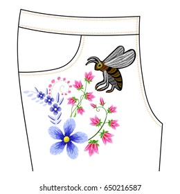Embroidery stitches for jeans, floral pattern with bee, bellflowers, forget me not flowers. Vector fashion embroidered ornament for textile, fabric traditional folk decoration.