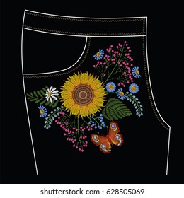 Embroidery stitches for jeans pocket, floral pattern with sunflowers, butterfly. Vector fashion embroidered ornament on black background for textile, fabric traditional folk decoration.