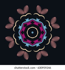 Embroidery stitches with Mandala flower decoration. Vector fashion round ornament for textile, fabric traditional folk decor, isolated on a black background. Vector geometric floral pattern