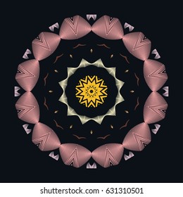 Embroidery stitches with Mandala flower decoration. Vector fashion round ornament for textile, fabric traditional folk decor, isolated on a black background. Vector geometric floral pattern