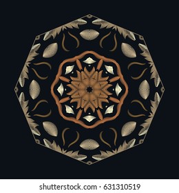 Embroidery stitches with Mandala flower decoration. Vector fashion round ornament for textile, fabric traditional folk decor, isolated on a black background. Vector geometric floral pattern