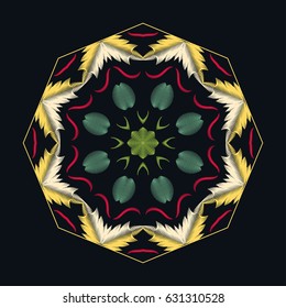 Embroidery stitches with Mandala flower decoration. Vector fashion round ornament for textile, fabric traditional folk decor, isolated on a black background. Vector geometric floral pattern