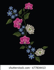 Embroidery stitches with orchid, magnolia and hepatica flower.. Decoupage. Vector fashion ornament on black background for traditional floral decoration. Pattern for textile and fabrics.