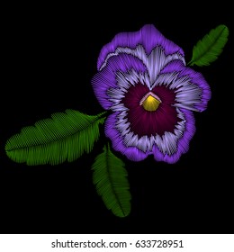 Embroidery stitches with pansy flower. Vector fashion ornament pattern on black background. Folk floral decoration for clothes, fabric design.