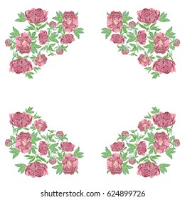 Embroidery stitches with peonies. Vector ornament pattern on white background. Folk floral decoration for clothes, fabric design. Good for tablecloth, napkin, shawl