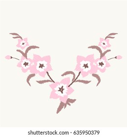  Embroidery stitches with pink flowers for neckline. Nature flowers embroidery patch vector decoration. 