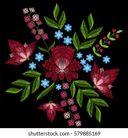Embroidery stitches and pink flowers  Vector fashion ornament black background for textile  fabric traditional folk floral decoration 