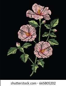 Embroidery stitches with pink hibiscus flowers with green leaves in pastel color. Vector fashion ornament on black background for traditional floral decoration. Pattern for textile and fabrics. 