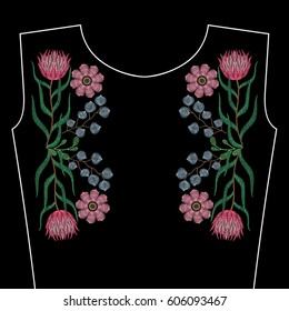 Embroidery stitches with protea, African rose, succulents  for neckline. Vector fashion ornament on black background for textile, fabric traditional folk decoration.
