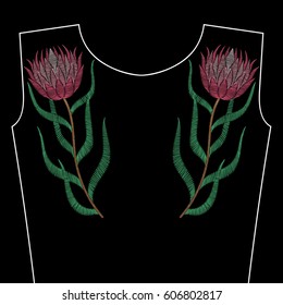 Embroidery stitches with protea, African rose, summer flowers for neckline. Vector fashion ornament on black background for textile, fabric traditional folk decoration.