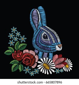 Embroidery stitches with rabbit, roses, chamomile, myosotis in pastel color. Vector fashion ornament on black background for traditional floral decoration. Pattern for textile and fabrics.