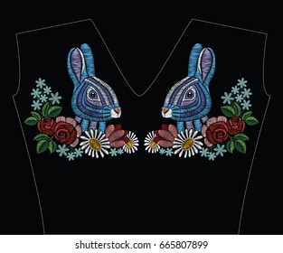 Embroidery stitches with rabbit, roses, chamomile, myosotis in pastel color. Vector fashion ornament on black background for traditional floral decoration. Pattern for textile and fabrics. 