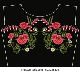 Embroidery stitches with red poppy, chamomile, Broken Heart wild flowers for neckline. Vector embroidered ornament on black background for traditional folk floral decoration.