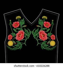 Embroidery stitches with red poppy, dandelion wild flowers, fashion patch for neckline. Vector embroidered ornament on black background for traditional folk floral decoration, ethnic pattern