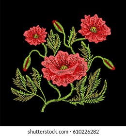 Embroidery stitches with red poppy wild flowers, fashion patch. Vector embroidered ornament on black background for traditional folk floral decoration, ethnic pattern.