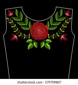 Embroidery stitches with red rose flowers for neckline. Vector fashion ornament on black background for textile, fabric traditional folk floraldecoration.