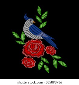 Embroidery stitches with red rose flowers, blue bird. Vector fashion ornament on black background for textile, fabric traditional folk decoration.