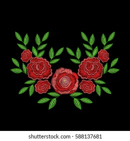 Embroidery stitches with rose flowers for neckline. Vector fashion embroidered ornament, pattern on black background for textile, fabric traditional folk decoration.