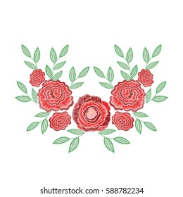 Embroidery stitches with rose flowers for neckline. Vector fashion embroidered ornament, pattern for textile, fabric traditional folk decoration.