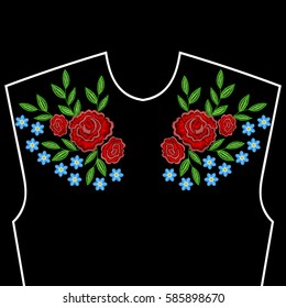 Embroidery stitches with roses, forget me not flowers for neckline. Vector fashion embroidered ornament on black background for textile, fabric traditional folk decoration.