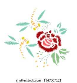Embroidery Stitches With Roses, Meadow Flowers, Dragonflies. Vector Fashion composition.