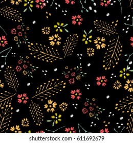 Embroidery Stitches With Roses, Meadow Flowers, Dragonflies, Butterflies, Beetles. Hand Drawn Vector Fashion Seamless Pattern On Black Background. For Fabric, Textile Decoration.