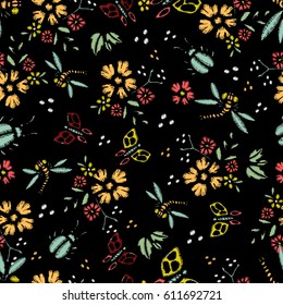 Embroidery Stitches With Roses, Meadow Flowers, Dragonflies, Butterflies, Beetles. Hand Drawn Vector Fashion Seamless Pattern On Black Background. For Fabric, Textile Decoration.