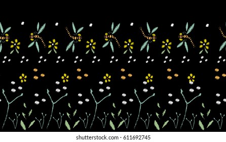 Embroidery Stitches With Roses, Meadow Flowers, Dragonflies, Butterflies, Beetles. Hand Drawn Vector Fashion Illustration. Floral Border. On Black Background. For Fabric, Textile Decoration.