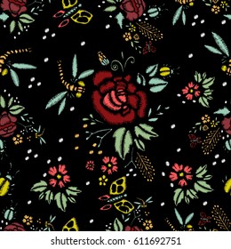 Embroidery Stitches With Roses, Meadow Flowers, Dragonflies, Butterflies, Beetles. Hand Drawn Vector Fashion Seamless Pattern On Black Background. For Fabric, Textile Decoration