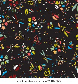Embroidery Stitches With Roses, Meadow Flowers, Dragonflies, Butterflies, Beetles. Hand Drawn Vector Fashion Folk Style Seamless Colorful Pattern On Black Background. For Fabric, Textile Decoration. 
